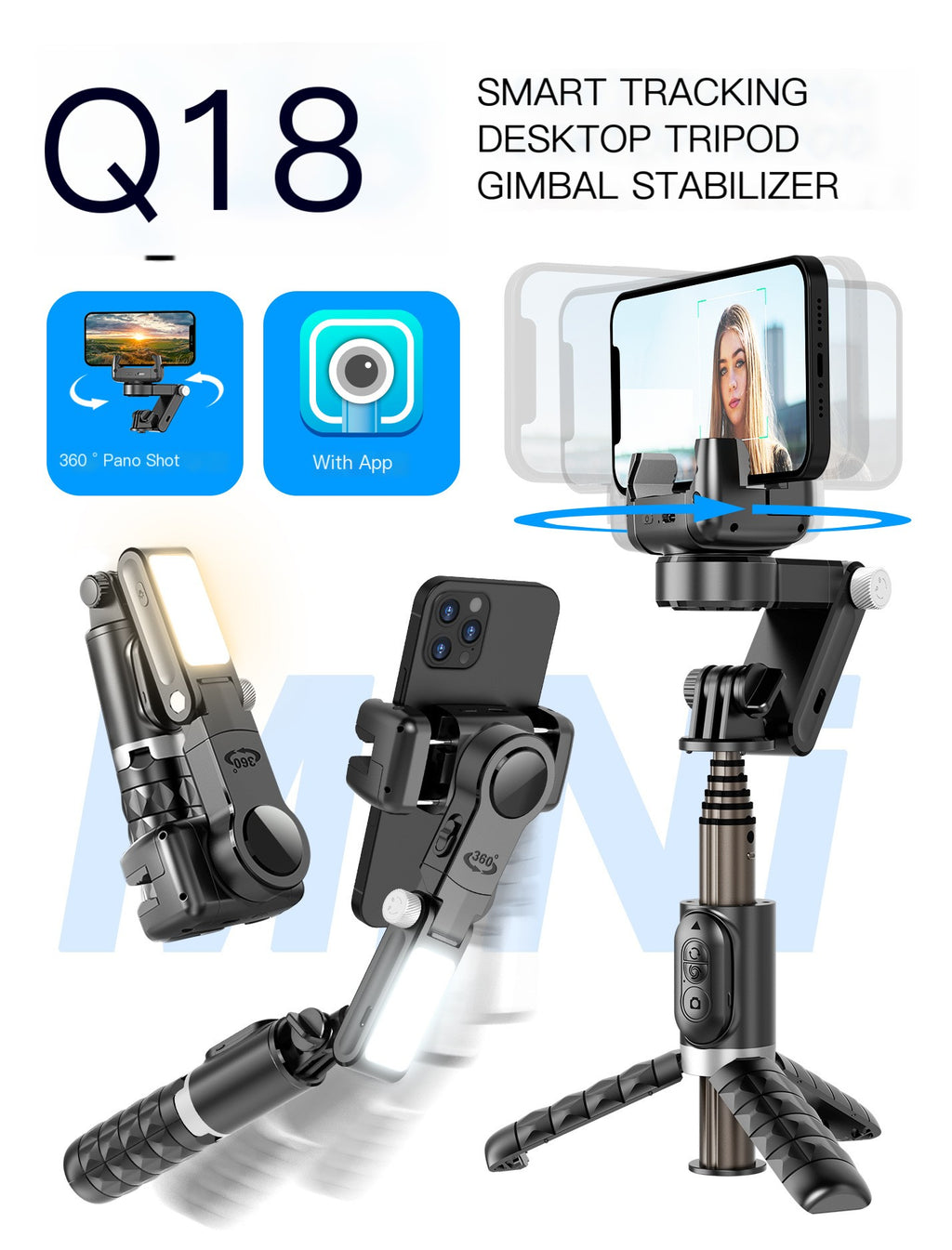 Palo Selfie Q18 con Estabilizador Gimbal y Seguimiento Facial