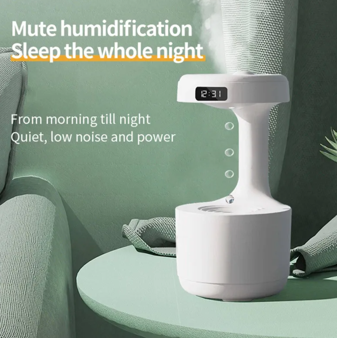 Schlafzimmer-Anti-Schwerkraft-Luftbefeuchter mit Uhr, Wassertropfen-Rückfluss-Aromadiffusor, große Kapazität, Büro, Schlafzimmer, geräuschlos, starker Nebel, Haushaltszerstäuber