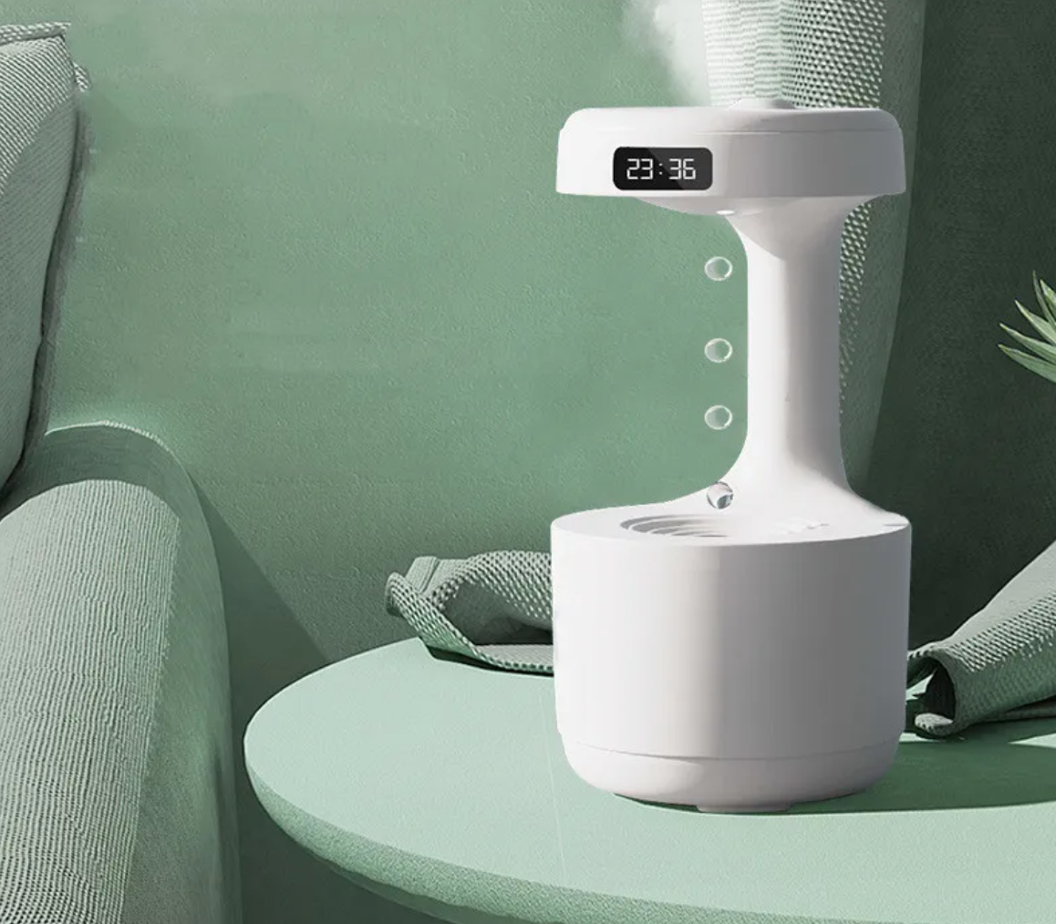 Schlafzimmer-Anti-Schwerkraft-Luftbefeuchter mit Uhr, Wassertropfen-Rückfluss-Aromadiffusor, große Kapazität, Büro, Schlafzimmer, geräuschlos, starker Nebel, Haushaltszerstäuber